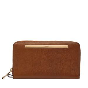 Liza Leather Wallet Zip Around Clutch With Wristlet Strap, Brown :]